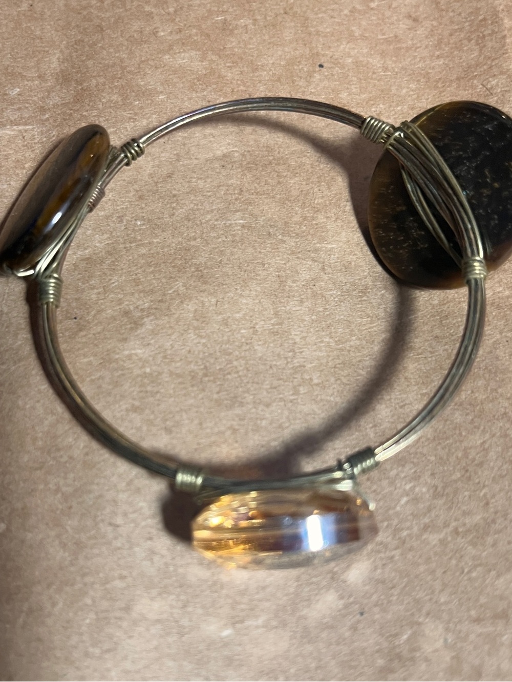 Wire Bangle Bracelet with Amber and Tortoiseshell Beads - Women Jewelry